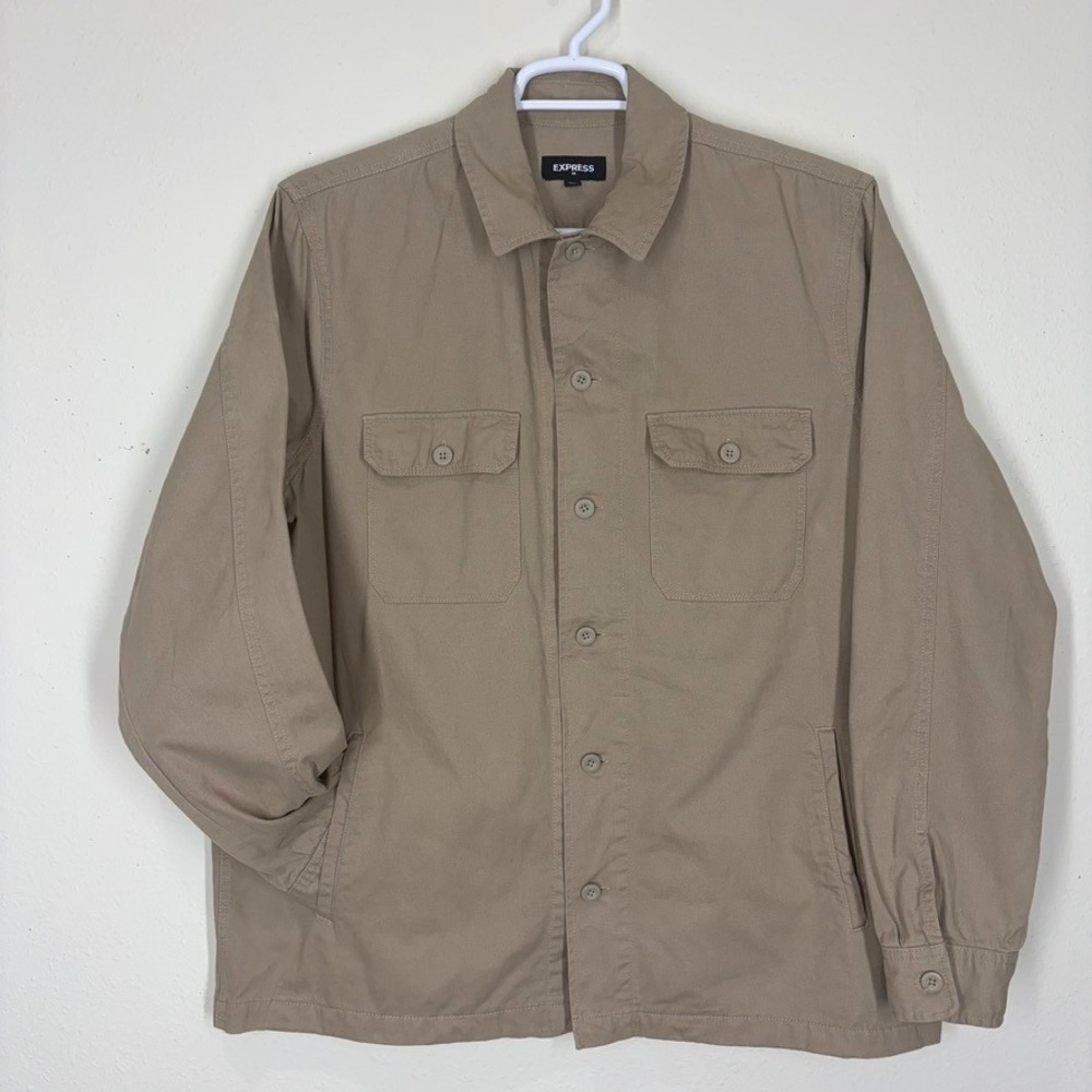 Express Men's Jacket XL Khaki Utility Shacket Chore Coat Cotton Button Front